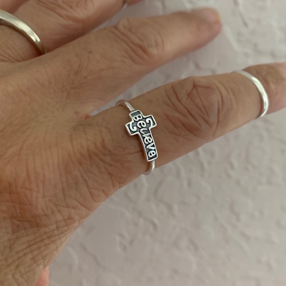 Sterling Silver Believe Sideway Cross Ring, Religious Jewelry, Silver Rings - Picture 2 of 8